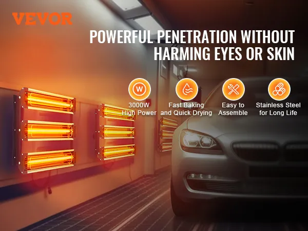 VEVOR paint curing lamp in a red-lit garage with multiple infrared lights.