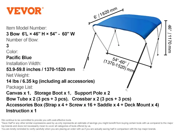 Daszek bimini VEVOR, 3 dzioby, 6'lx 46"hx 54"-60"w, pacyficzny błękit, szerokość montażowa 53,9"-59,8".
