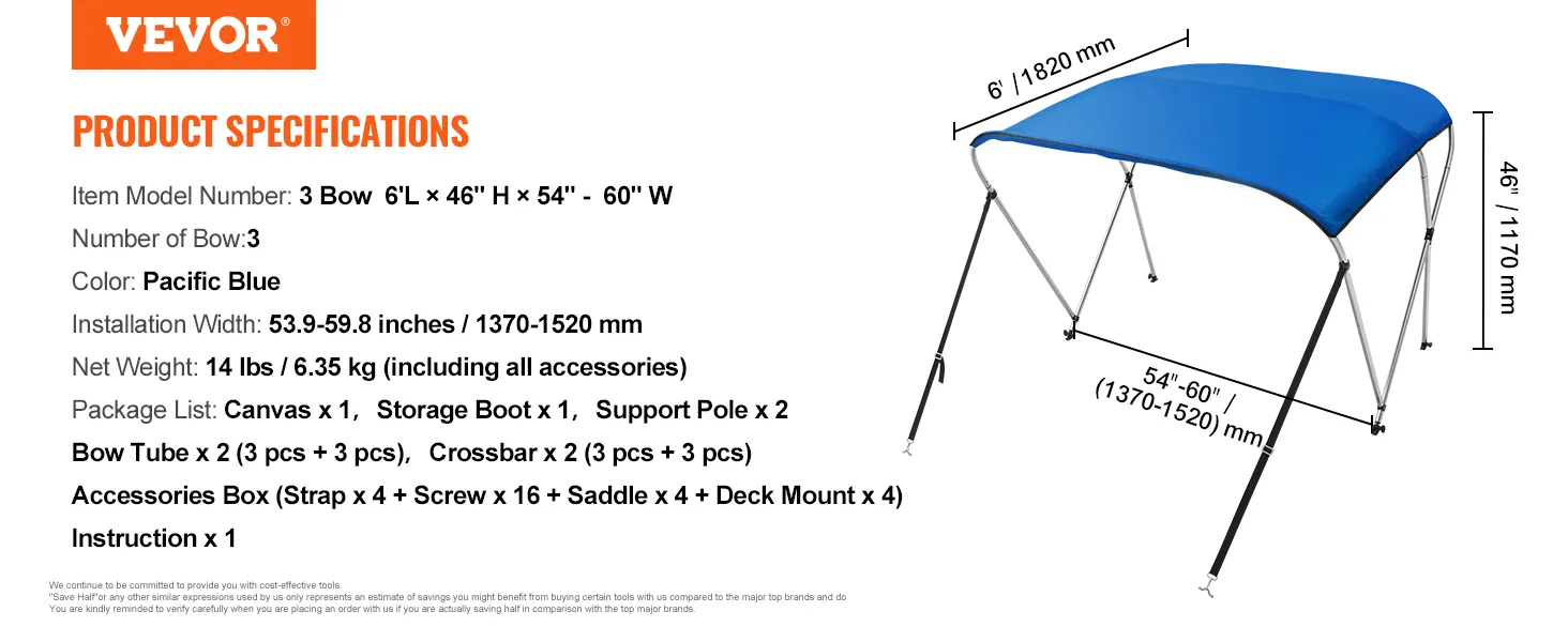 Daszek bimini VEVOR, 3 dzioby, 6'lx 46"hx 54"-60"w, pacyficzny błękit, szerokość montażowa 53,9"-59,8".