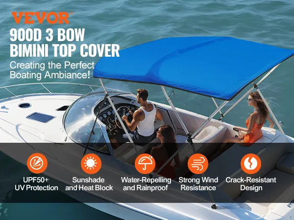 Bimini top VEVOR 900D 3 Bow zapewnia ochronę przed promieniowaniem UV50+, jest wodoodporny, odporny na wiatr i odporny na pęknięcia.