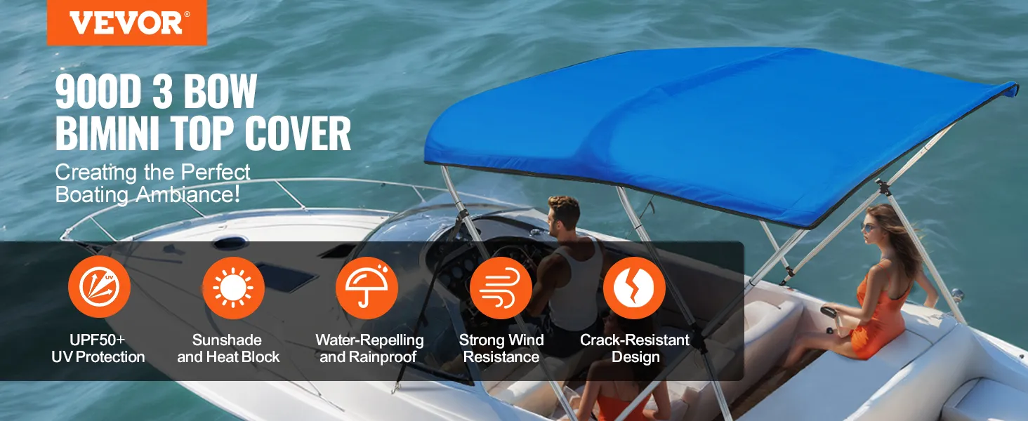 Bimini top VEVOR 900D 3 Bow zapewnia ochronę przed promieniowaniem UV50+, jest wodoodporny, odporny na wiatr i odporny na pęknięcia.