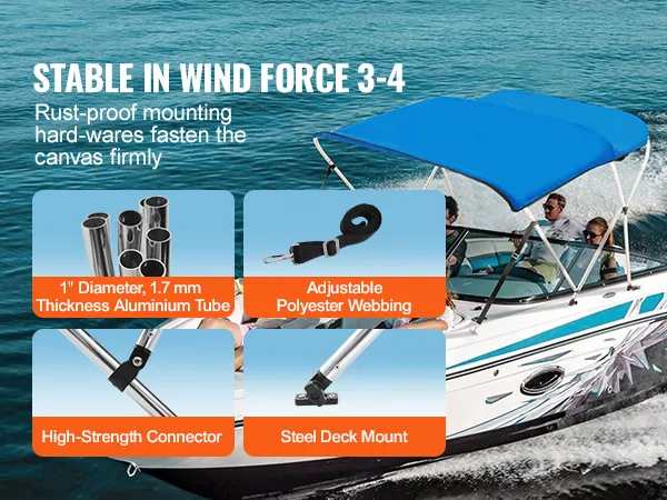 niebieski dach bimini VEVOR na łodzi z osprzętem odpornym na rdzę, aluminiową rurą, taśmami, łącznikiem oraz stalowym mocowaniem pokładowym.