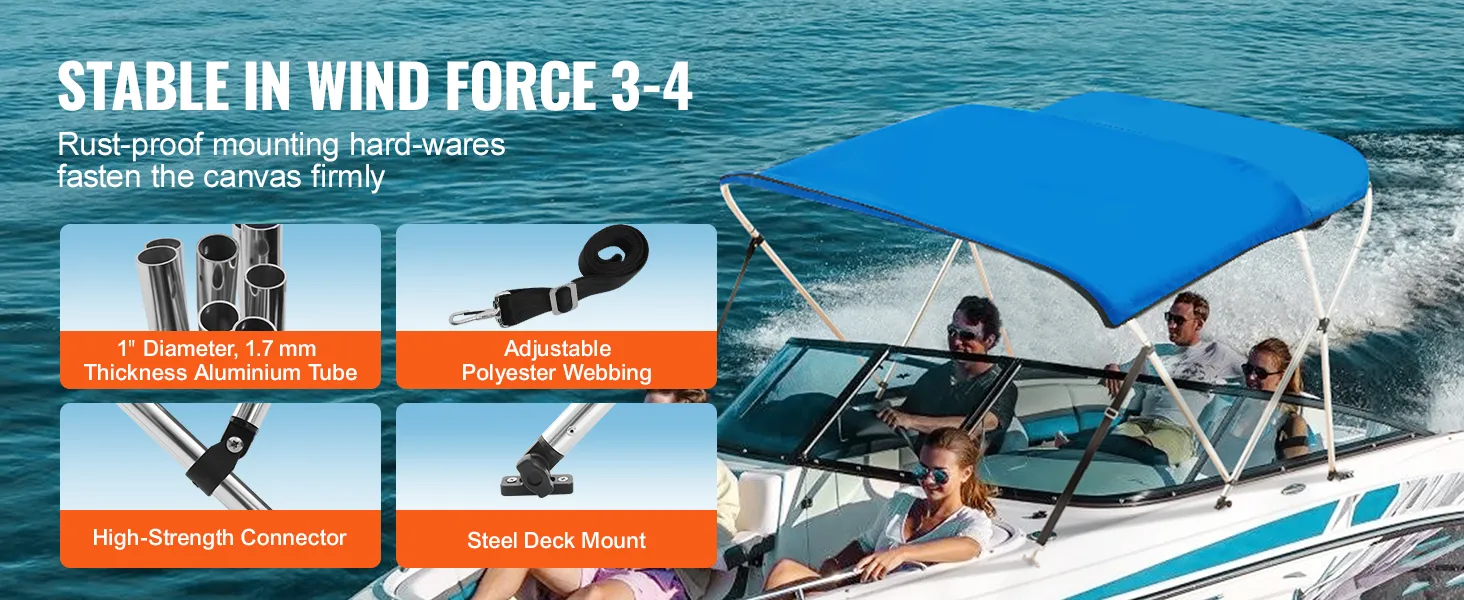 niebieski dach bimini VEVOR na łodzi z osprzętem odpornym na rdzę, aluminiową rurą, taśmami, łącznikiem oraz stalowym mocowaniem pokładowym.