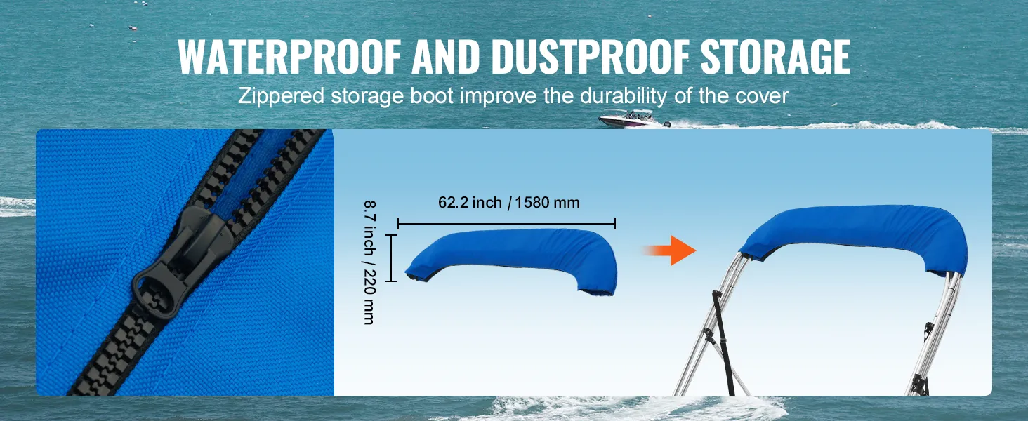 Dach bimini VEVOR z wodoodpornym i pyłoszczelnym schowkiem zapinanym na suwak zapewniającym trwałość.