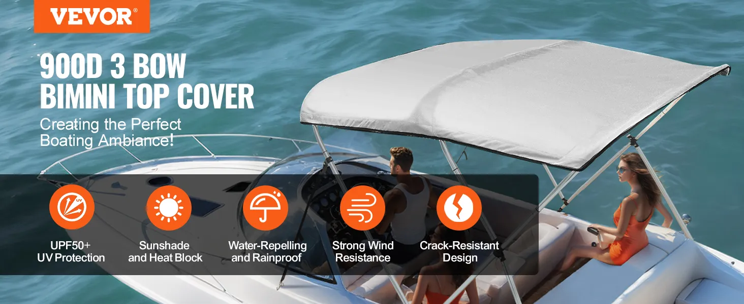 VEVOR bimini top cover on a boat with uv protection, sunshade, rainproof, wind resistance, and crack-resistant features.
