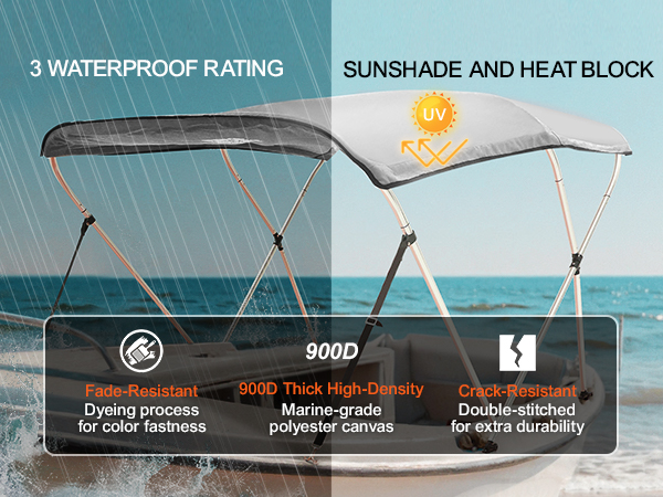 VEVOR 3 Bow Bimini Top Boat Cover, 900D Polyester Canopy