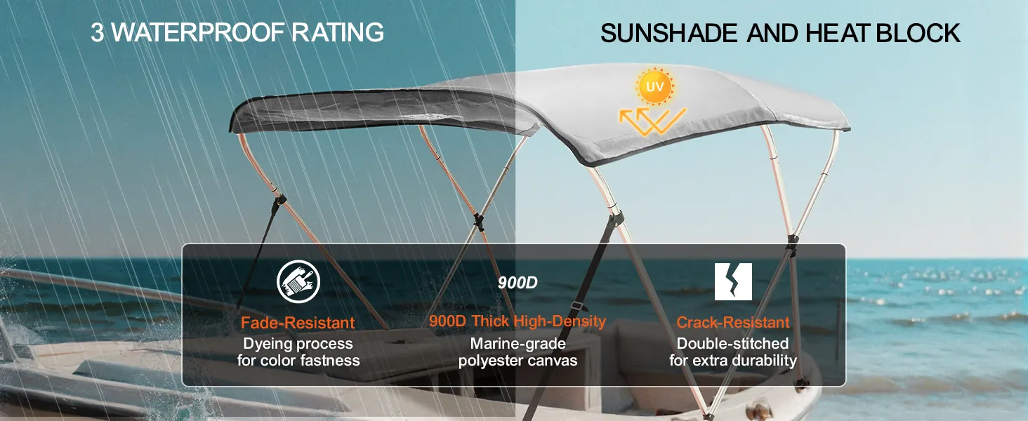 VEVOR bimini top with waterproof, fade-resistant, and crack-resistant marine-grade polyester canvas.
