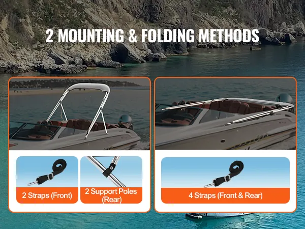 VEVOR bimini top with 2 mounting methods: front straps and rear support poles or four straps.
