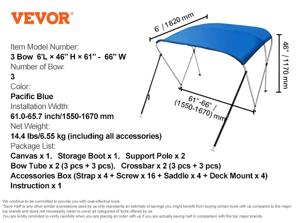 Pokrowiec na bimini VEVOR, 3 dzioby, 6 stóp długości x 46 cali wysokości x 61-66 cali szerokości, kolor pacyficzny niebieski, 14,4 funta, z akcesoriami.