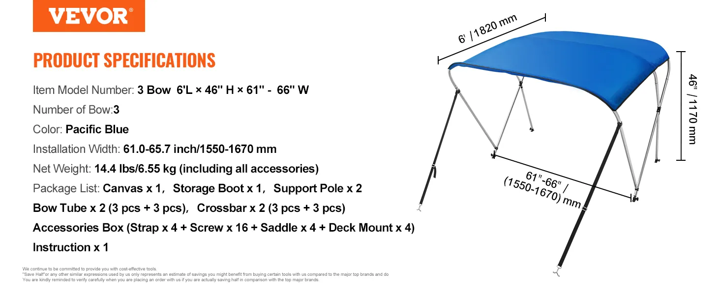 Pokrowiec na bimini VEVOR, 3 dzioby, 6 stóp długości x 46 cali wysokości x 61-66 cali szerokości, kolor pacyficzny niebieski, 14,4 funta, z akcesoriami.