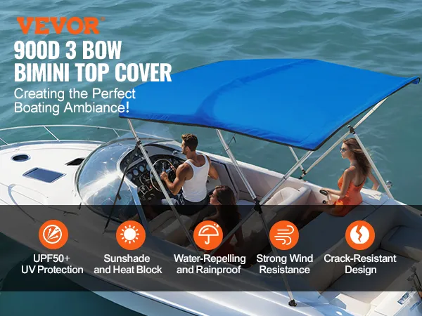 Pokrowiec na bimini VEVOR w kolorze niebieskim, na elegancką białą łódź na wodzie z ochroną UV, osłoną przeciwsłoneczną i odpornością na wiatr.