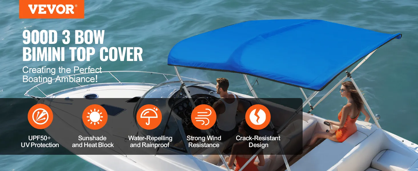 Pokrowiec na bimini VEVOR w kolorze niebieskim, na elegancką białą łódź na wodzie z ochroną UV, osłoną przeciwsłoneczną i odpornością na wiatr.