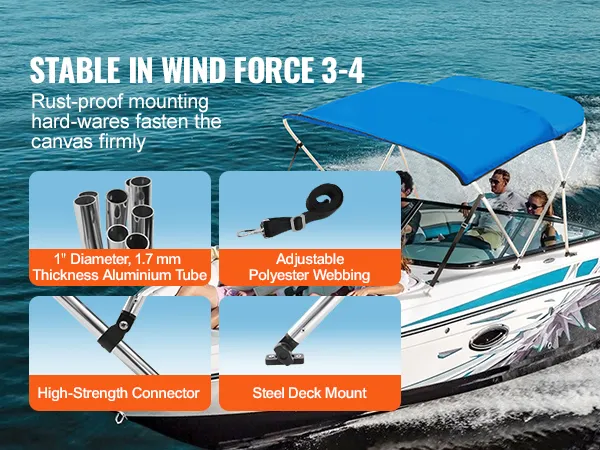 Pokrowiec na bimini VEVOR na łódź motorową z okuciami odpornymi na rdzę, rurkami aluminiowymi i taśmami poliestrowymi.