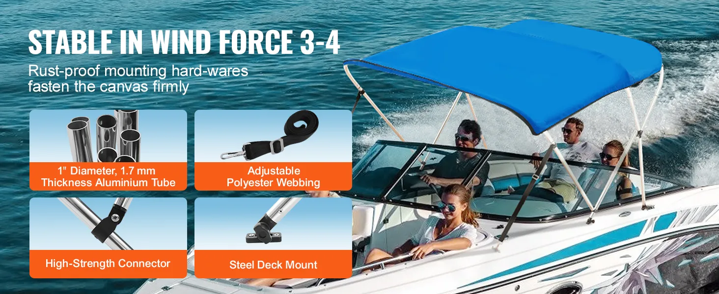 Pokrowiec na bimini VEVOR na łódź motorową z okuciami odpornymi na rdzę, rurkami aluminiowymi i taśmami poliestrowymi.