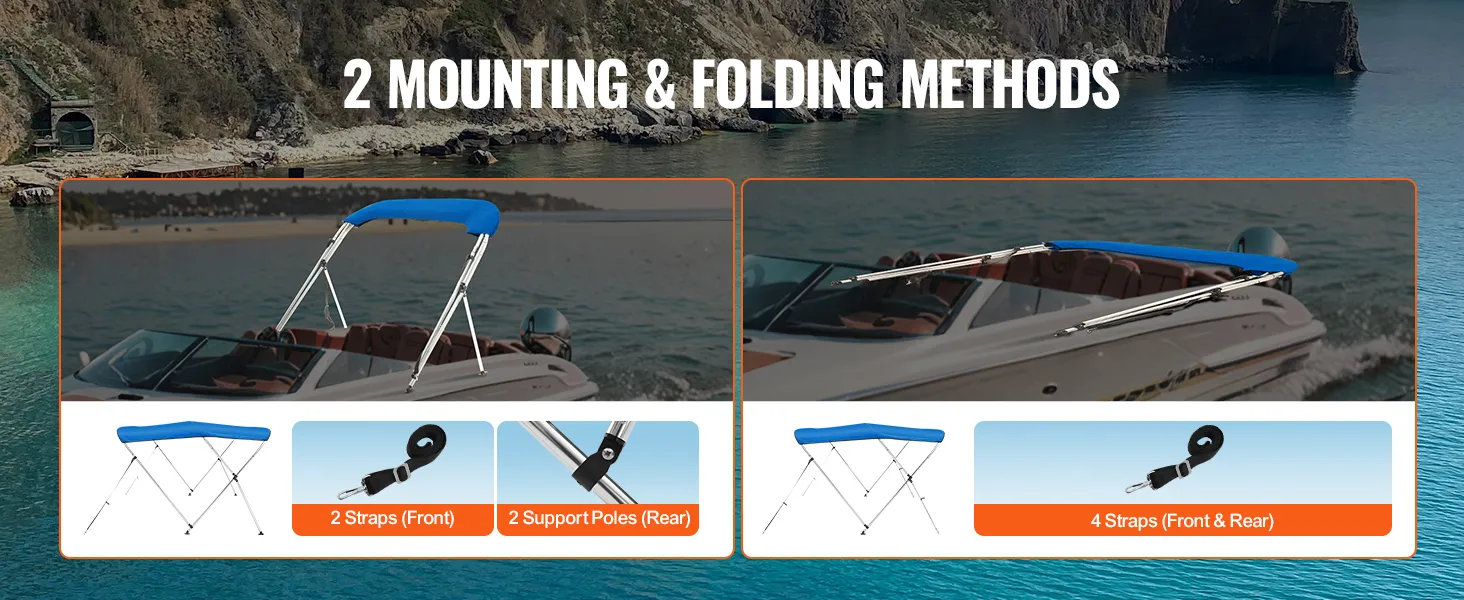 2 sposoby montażu i składania pokrowca na bimini VEVOR, widoczne paski i słupki podporowe.