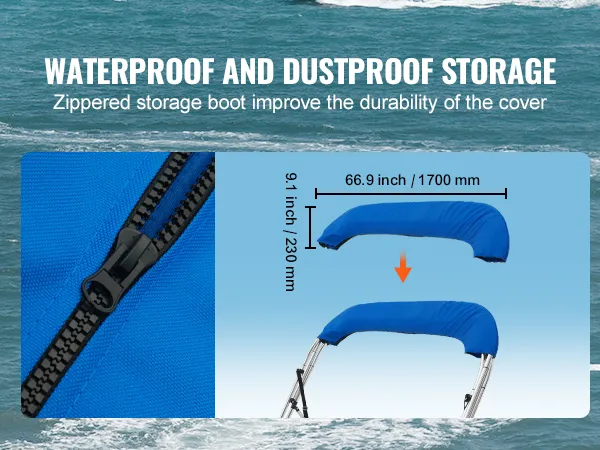 Wodoodporny pokrowiec na bimini VEVOR w zamykanym na suwak bagażniku, z wymiarami mierzonymi na tle oceanu.