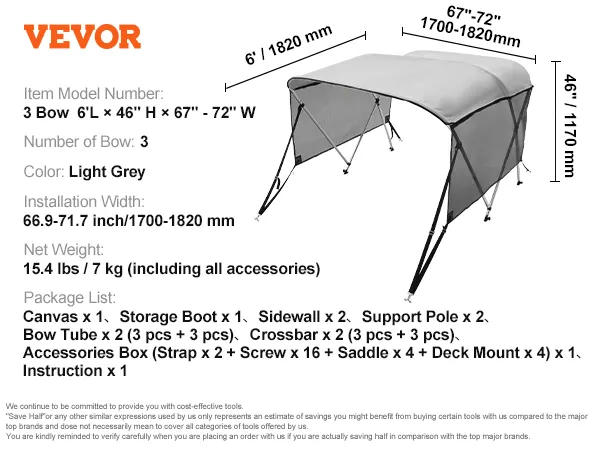 VEVOR 3 bow bimini top, light grey, 6' l x 67"-72" w x 46" h, includes installation specs and accessories.