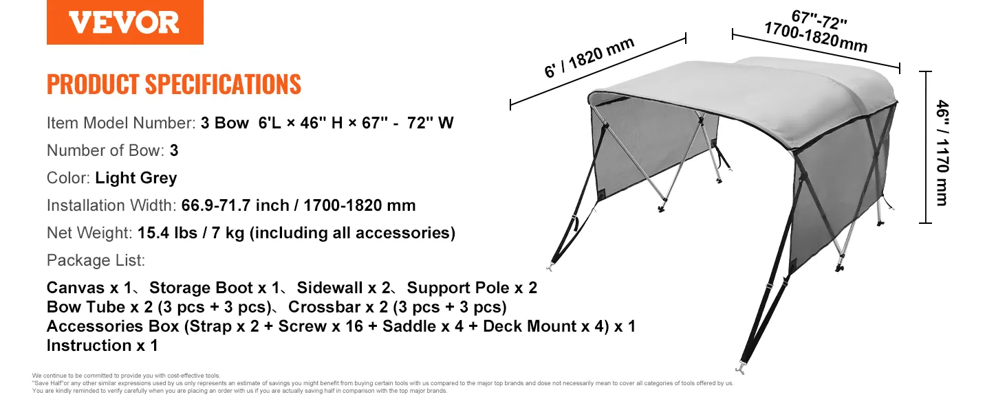 VEVOR 3 bow bimini top, light grey, 6' l x 67"-72" w x 46" h, includes installation specs and accessories.