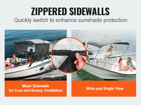 zippered sidewalls of VEVOR 3 bow bimini top offer cool ventilation and wide sunshade protection.