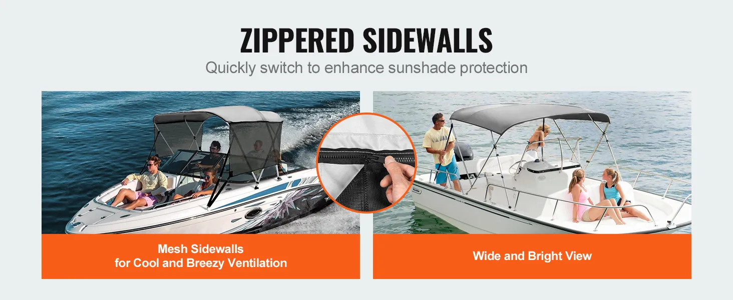 zippered sidewalls of VEVOR 3 bow bimini top offer cool ventilation and wide sunshade protection.