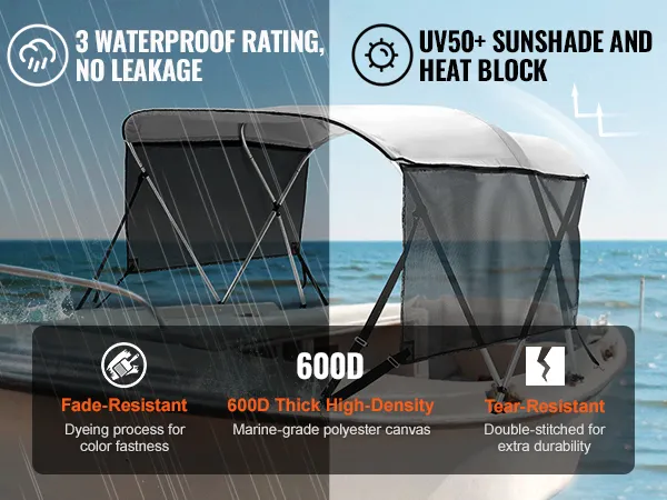 VEVOR 3 bow bimini top boat cover in rain showing waterproof, uv50+ sunshade, fade and tear resistance.