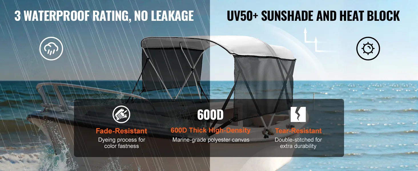 VEVOR 3 bow bimini top boat cover in rain showing waterproof, uv50+ sunshade, fade and tear resistance.