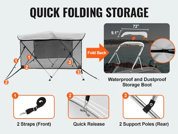 quick folding storage for VEVOR 3 bow bimini top with straps, support poles, and waterproof storage boot.