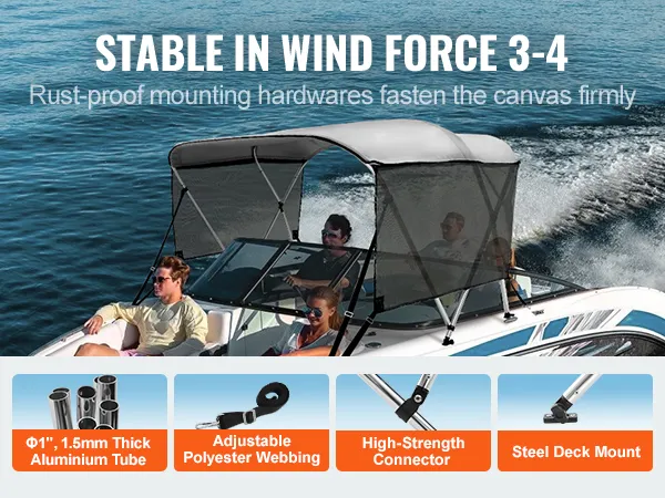 VEVOR boat canopy with aluminum tube, polyester webbing, and steel deck mount.