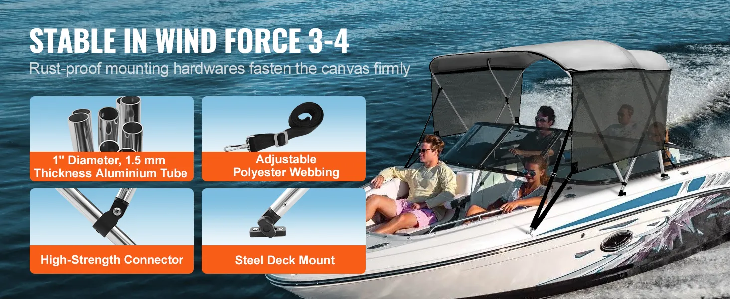 VEVOR boat canopy with aluminum tube, polyester webbing, and steel deck mount.