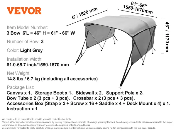 VEVOR 3-boeg biminitop, lichtgrijs, 6'l x 46"h x 61"-66"b, inclusief canvas, steunpalen en accessoires.