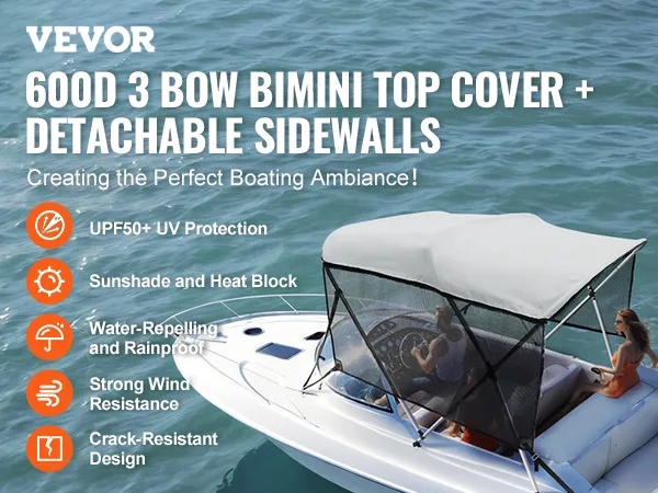 VEVOR 3 boeg biminitopcover met afneembare zijwanden, uv-bescherming tot 50+, waterafstotend.