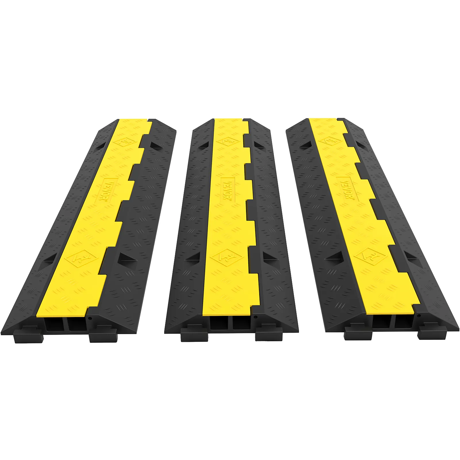 three black and yellow VEVOR cable protectors in a row on a white background.