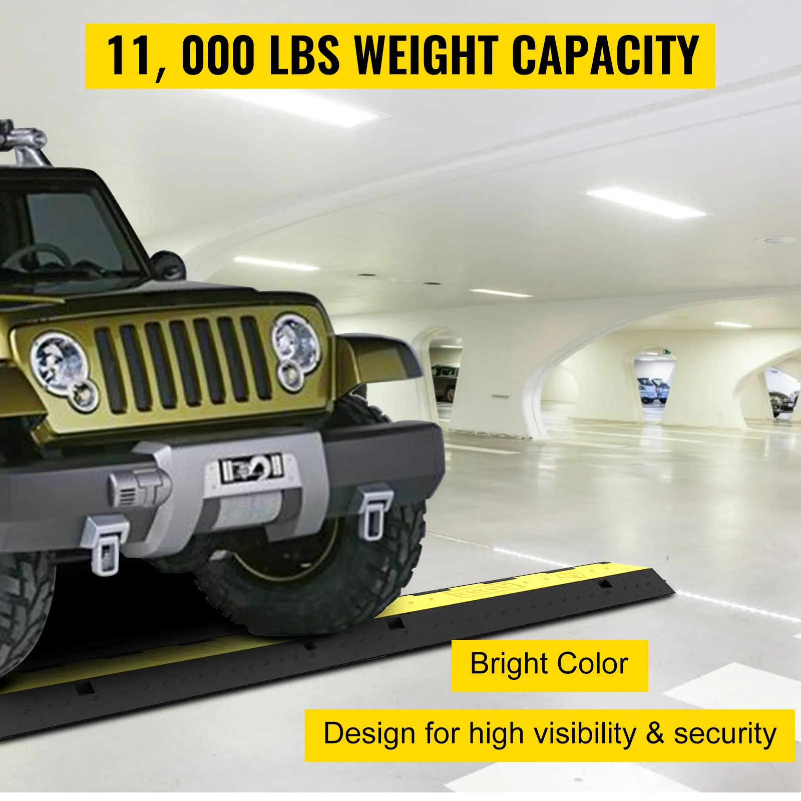VEVOR cable protectors under a jeep in a garage, 11,000 lbs weight capacity. bright color.