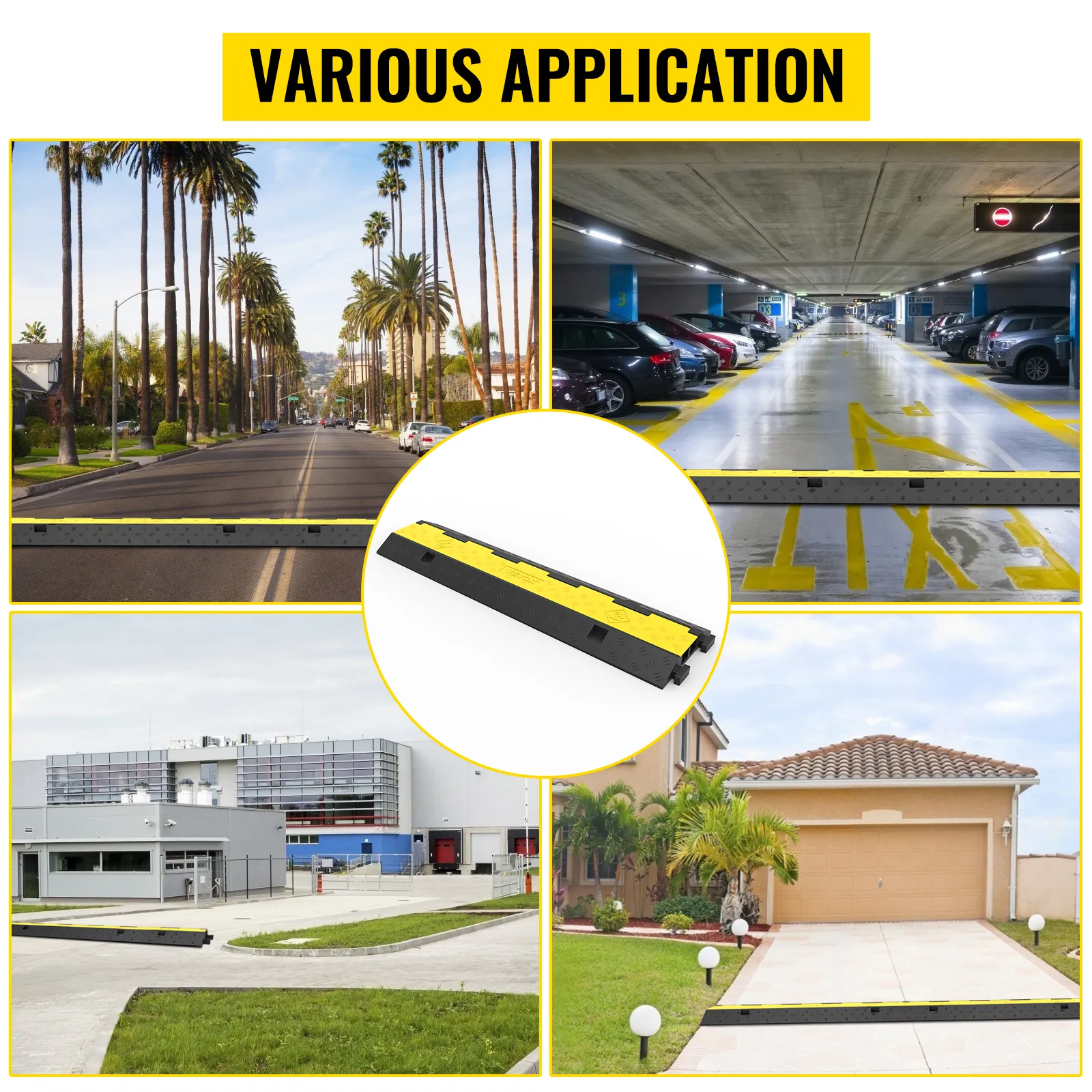 VEVOR cable protectors used in streets, parking garages, industrial areas, and driveways.