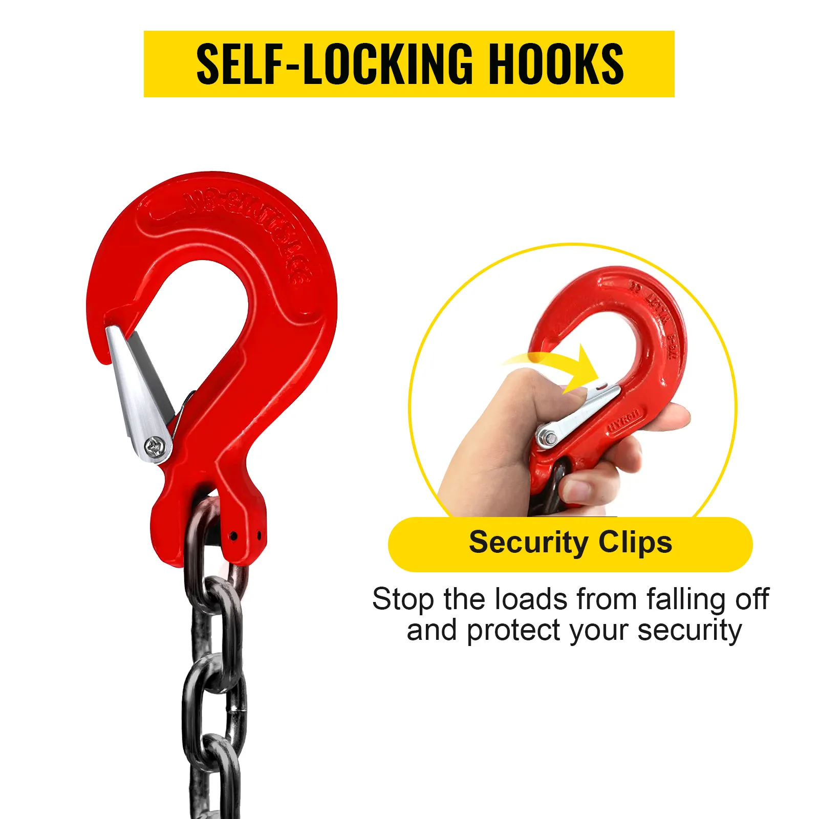 red self-locking hooks with security clips for VEVOR engine lift chain.