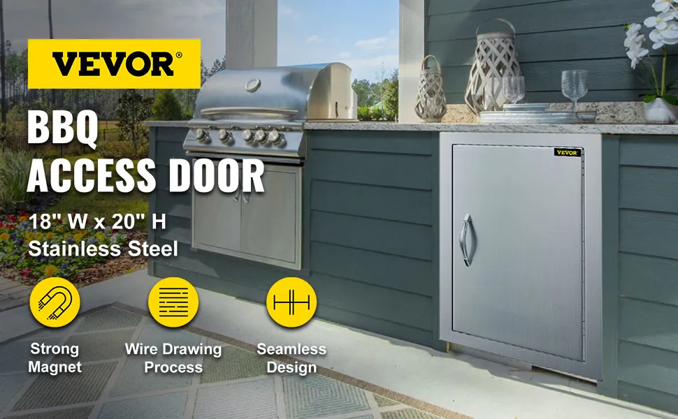 VEVOR bbq access door installed in an outdoor kitchen with stainless steel finish.