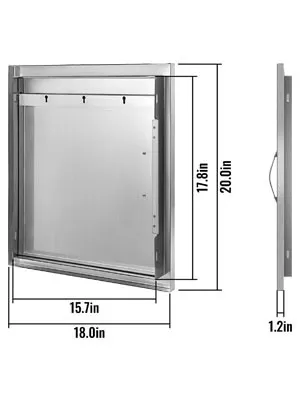 VEVOR bbq access door, stainless steel, 17.8x20.0 inches, with dimensions diagram.