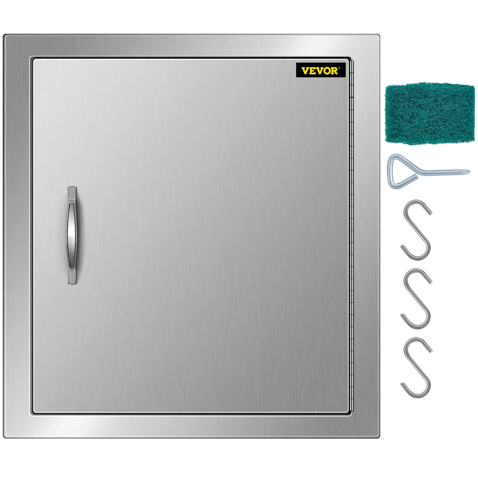 stainless steel VEVOR bbq access door with handle, cleaning pad, and hooks.