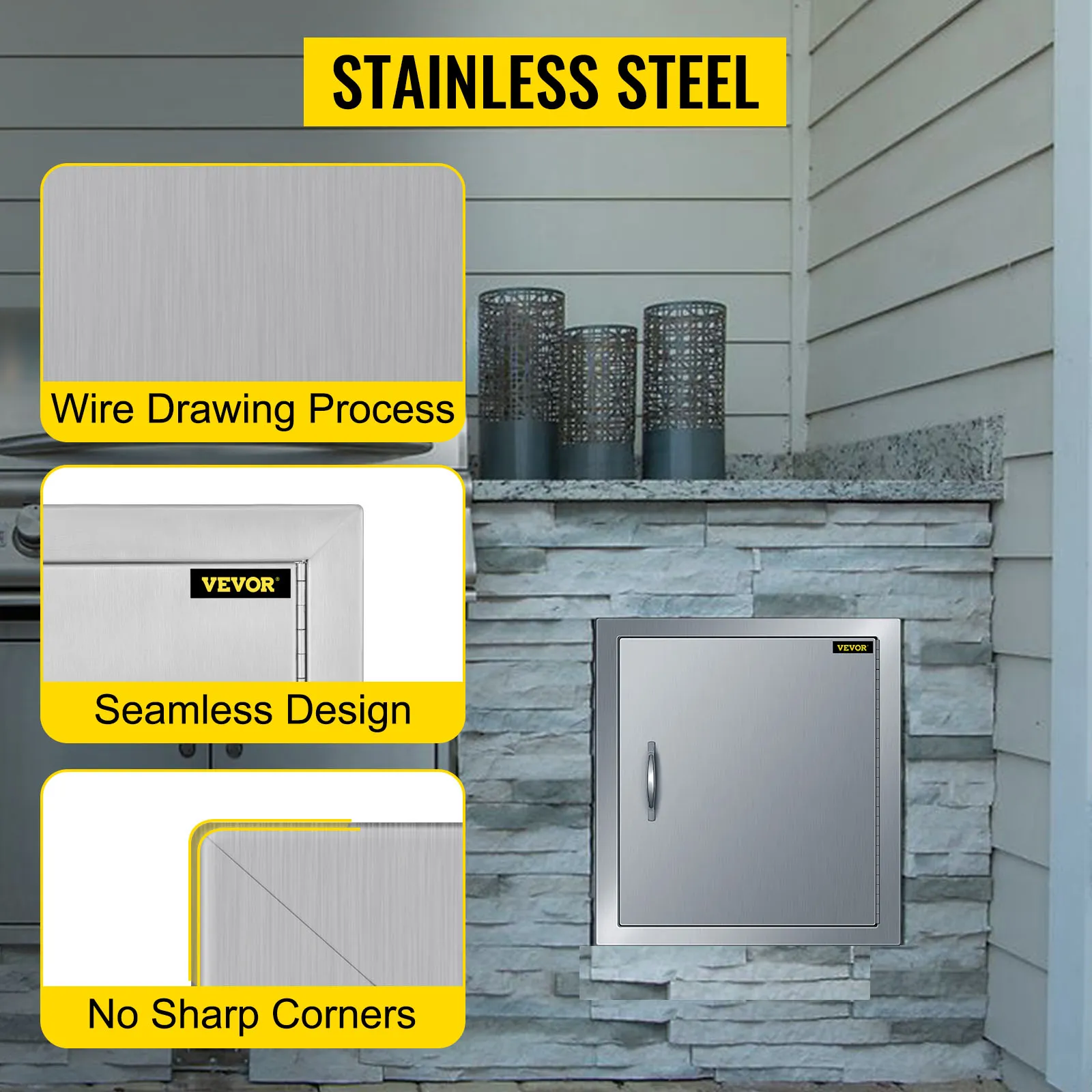 VEVOR bbq access door: stainless steel with seamless design and no sharp corners.