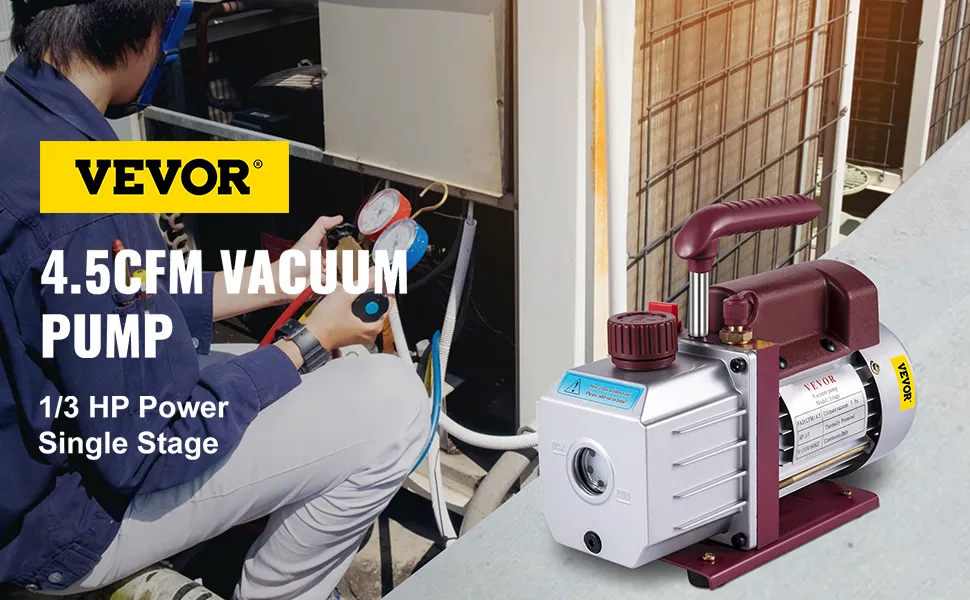 VEVOR vacuum pump 4.5cfm 1/3 hp power single stage near a technician.