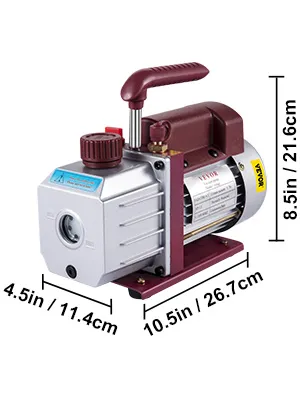 VEVOR vacuum pump with dimensions: 4.5in x 10.5in x 8.5in.
