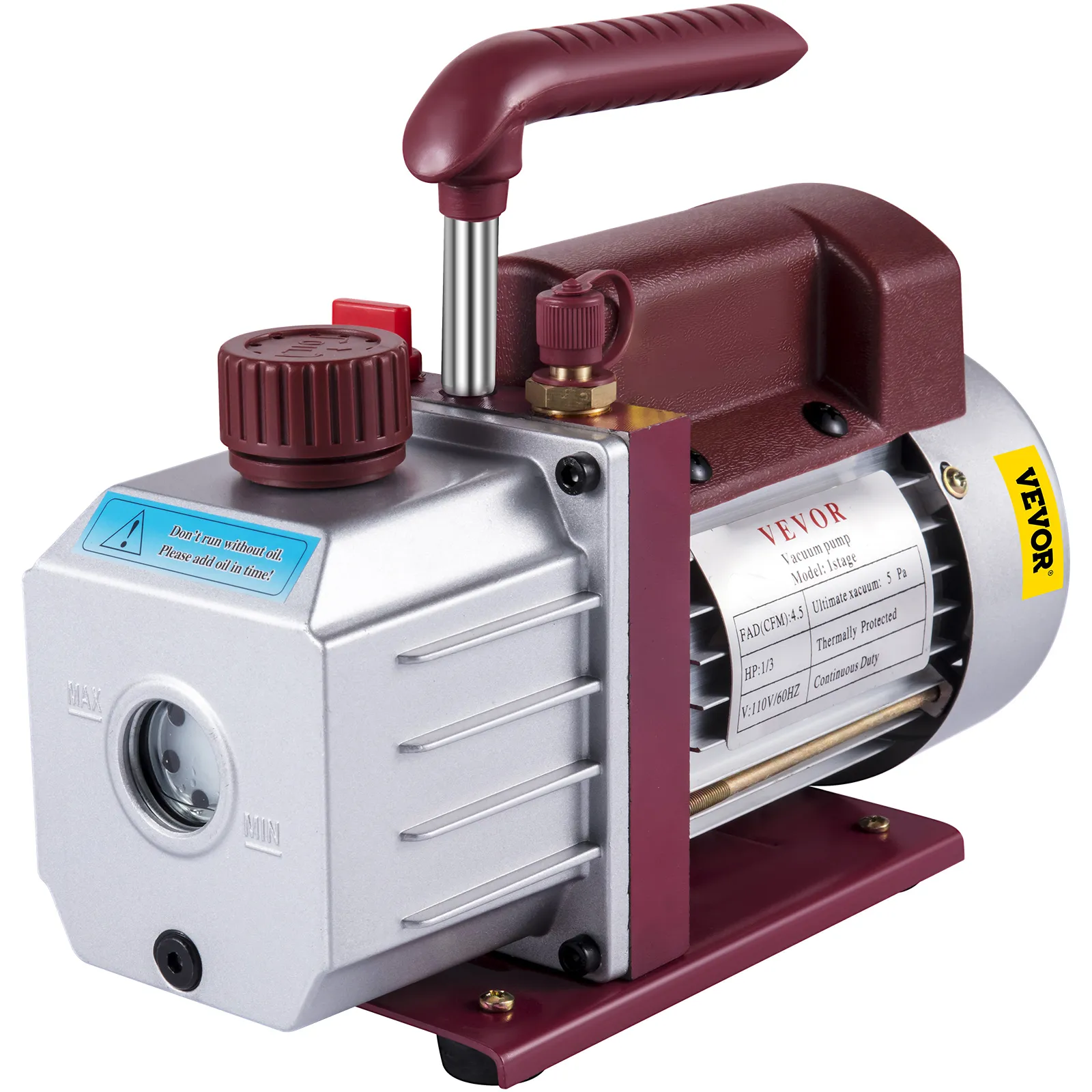VEVOR vacuum pump with ergonomic handle and visible oil indicator.