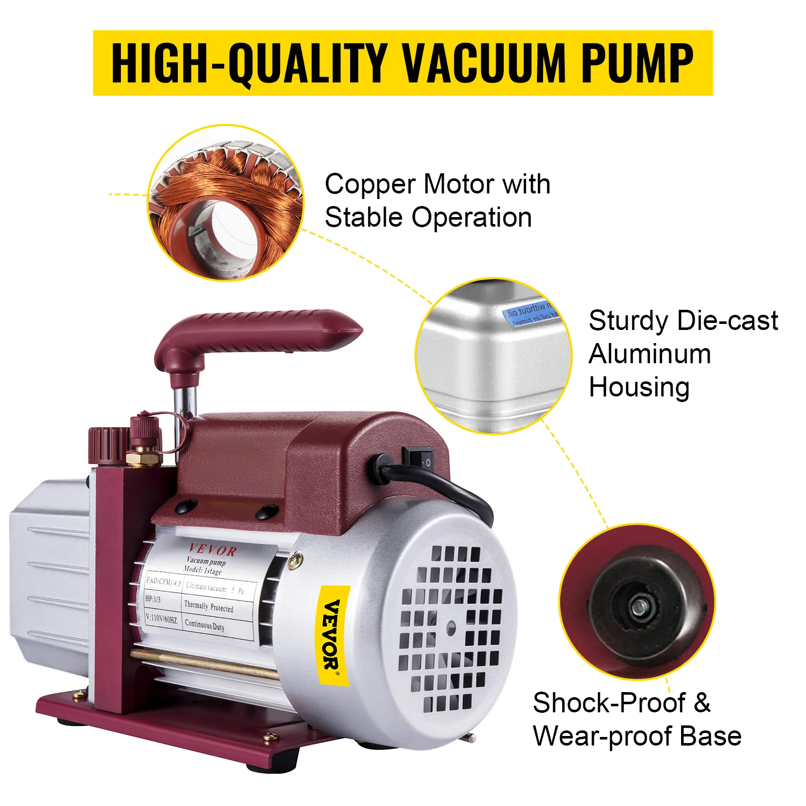 VEVOR vacuum pump with copper motor, die-cast aluminum housing, and shock-proof base.