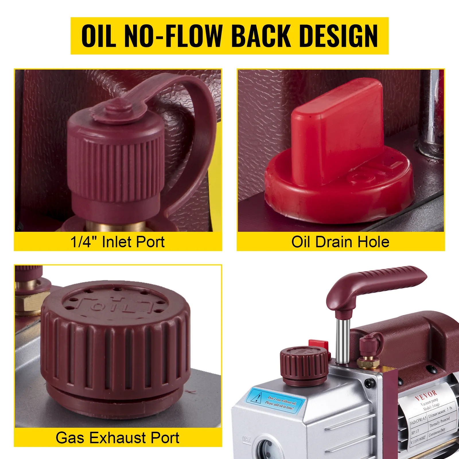 VEVOR vacuum pump with oil no-flow back design, inlet port, oil drain hole, and gas exhaust port.
