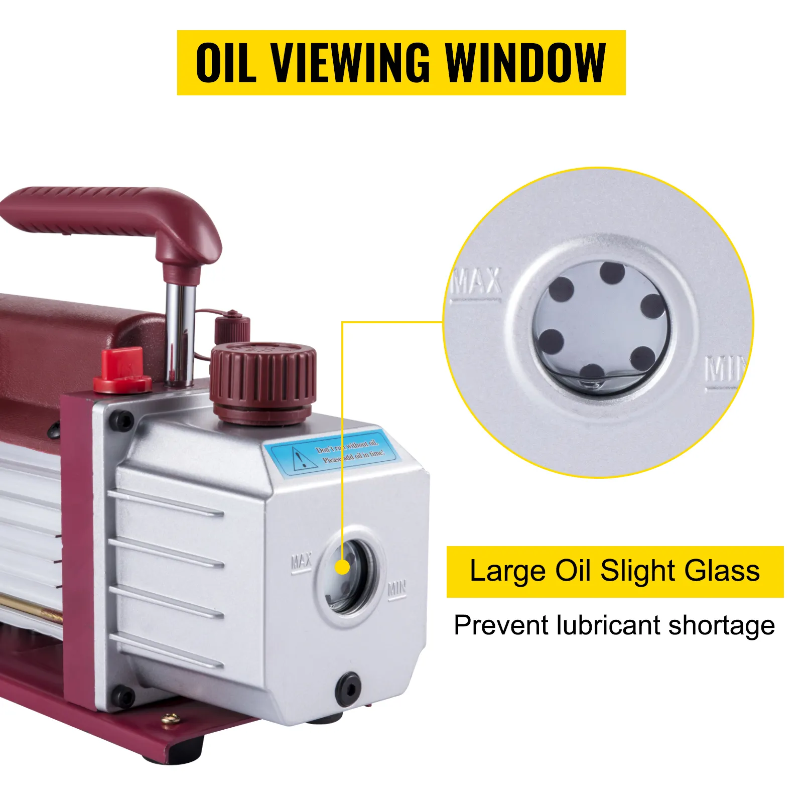 VEVOR vacuum pump with oil viewing window and large oil sight glass to prevent lubricant shortage.