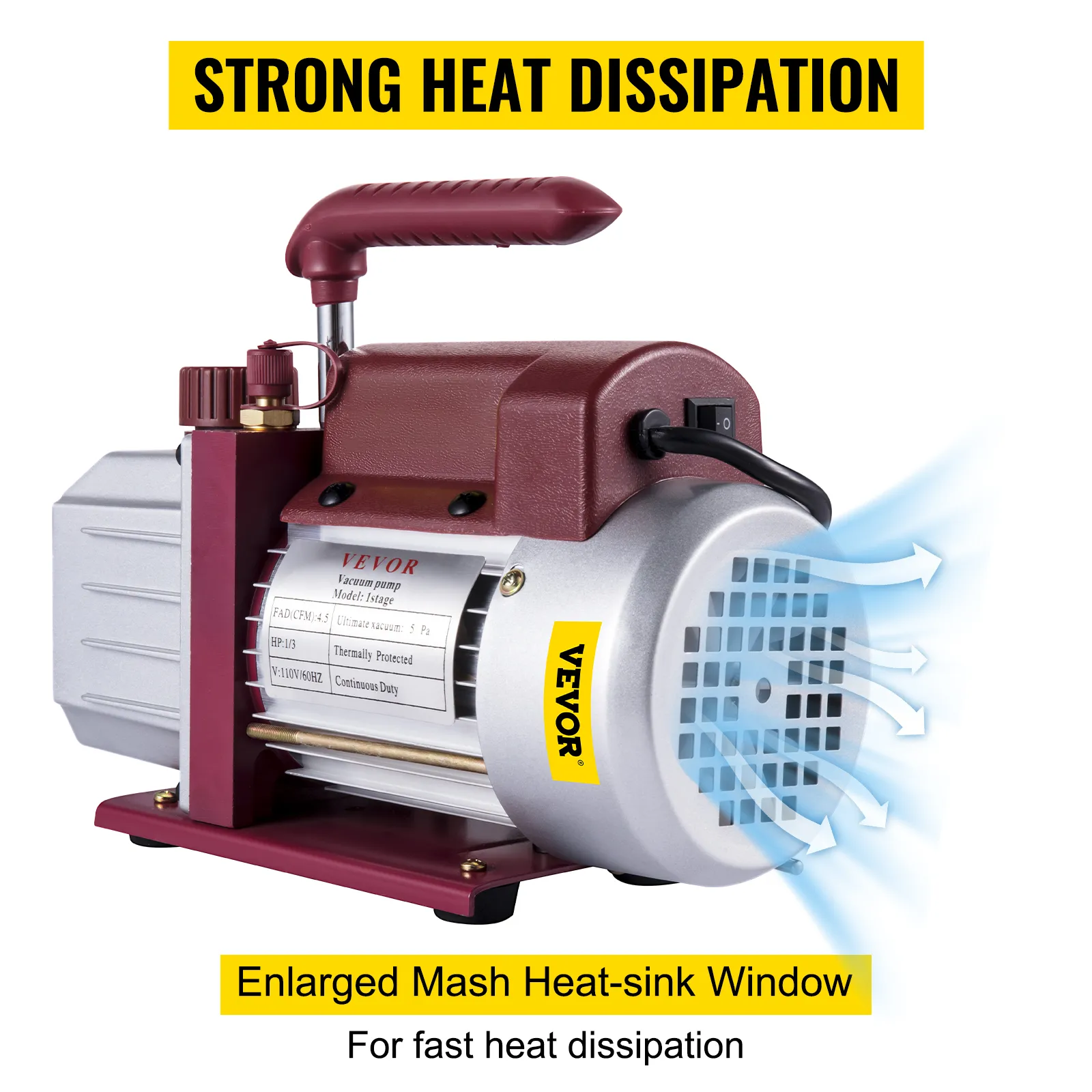 VEVOR vacuum pump with strong heat dissipation and enlarged mash heat-sink window.