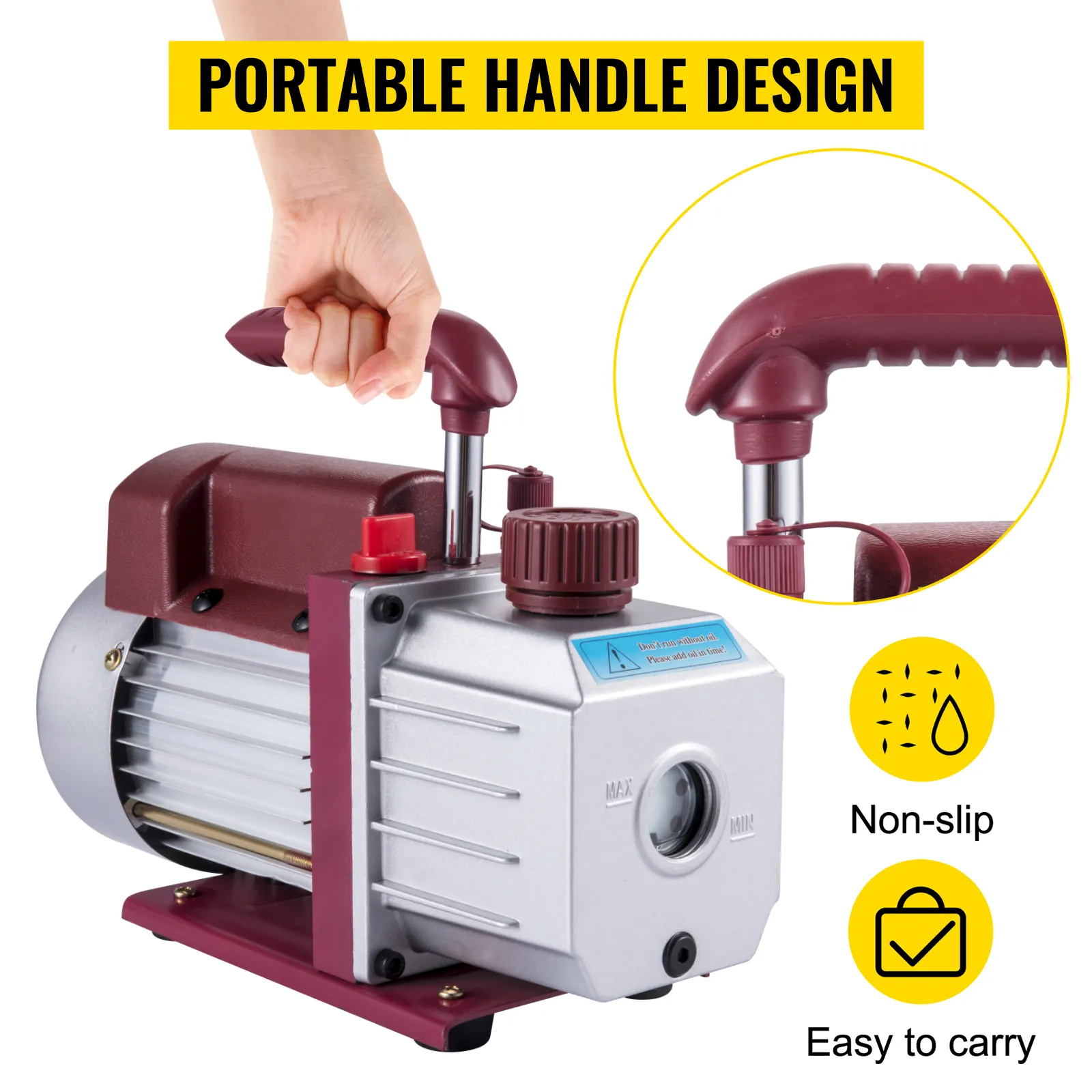 VEVOR vacuum pump with portable handle design, easy to carry, non-slip grip.