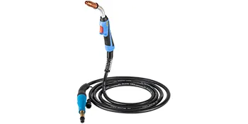 Pistola de soldadura MIG VEVOR con mango azul y cable negro enrollado.
