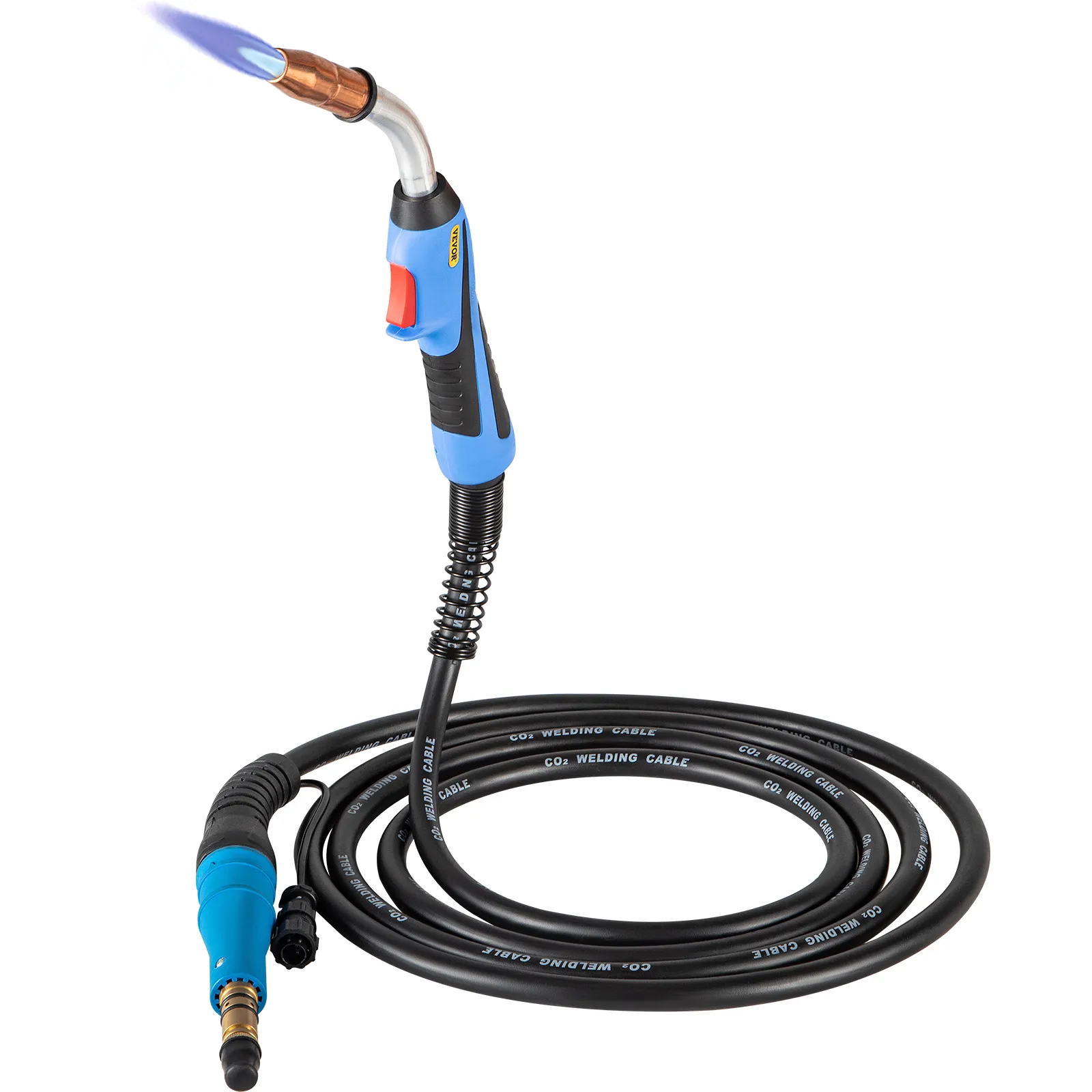 Pistola de soldadura mig VEVOR con cable enrollado y mango azul, emisora de llama de soldadura.