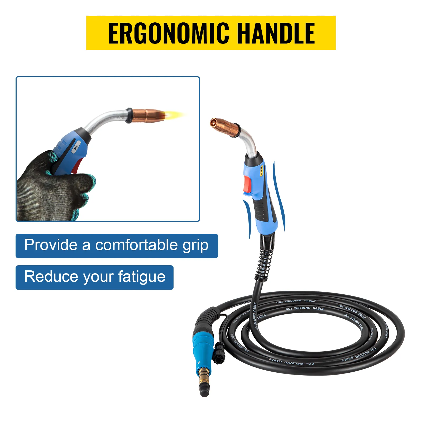 Pistola de soldadura MIG VEVOR con mango ergonómico para un agarre cómodo, reduce la fatiga.